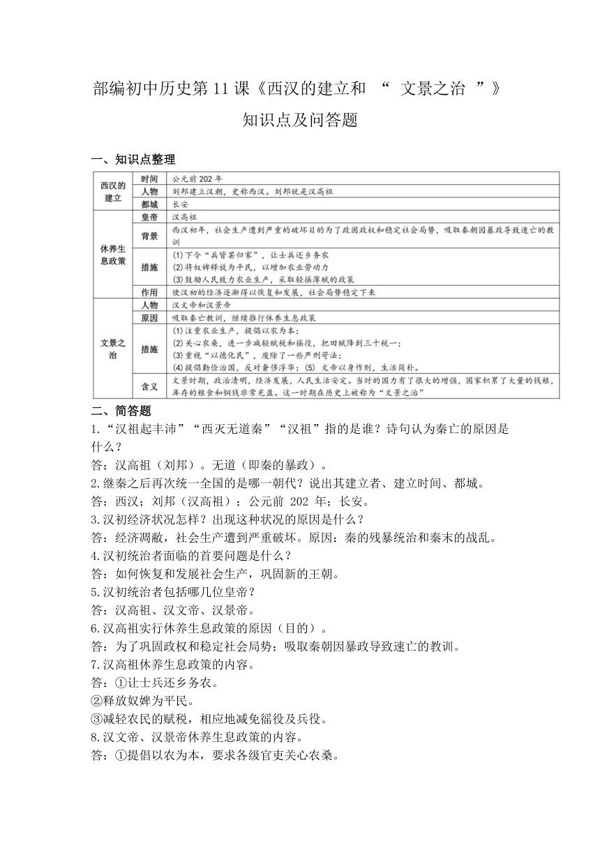 第11课《西汉建立和 “ 文景之治 ”》知识点及问答题