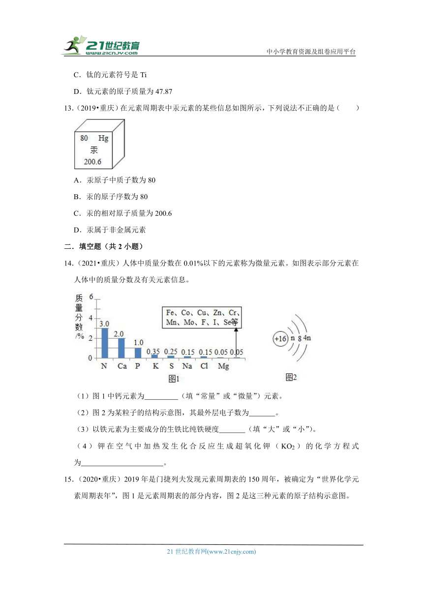 12微粒观点及其模型图、元素周期表-重庆市近五年（2019-2023）中考化学真题高频考点汇编（含解析）