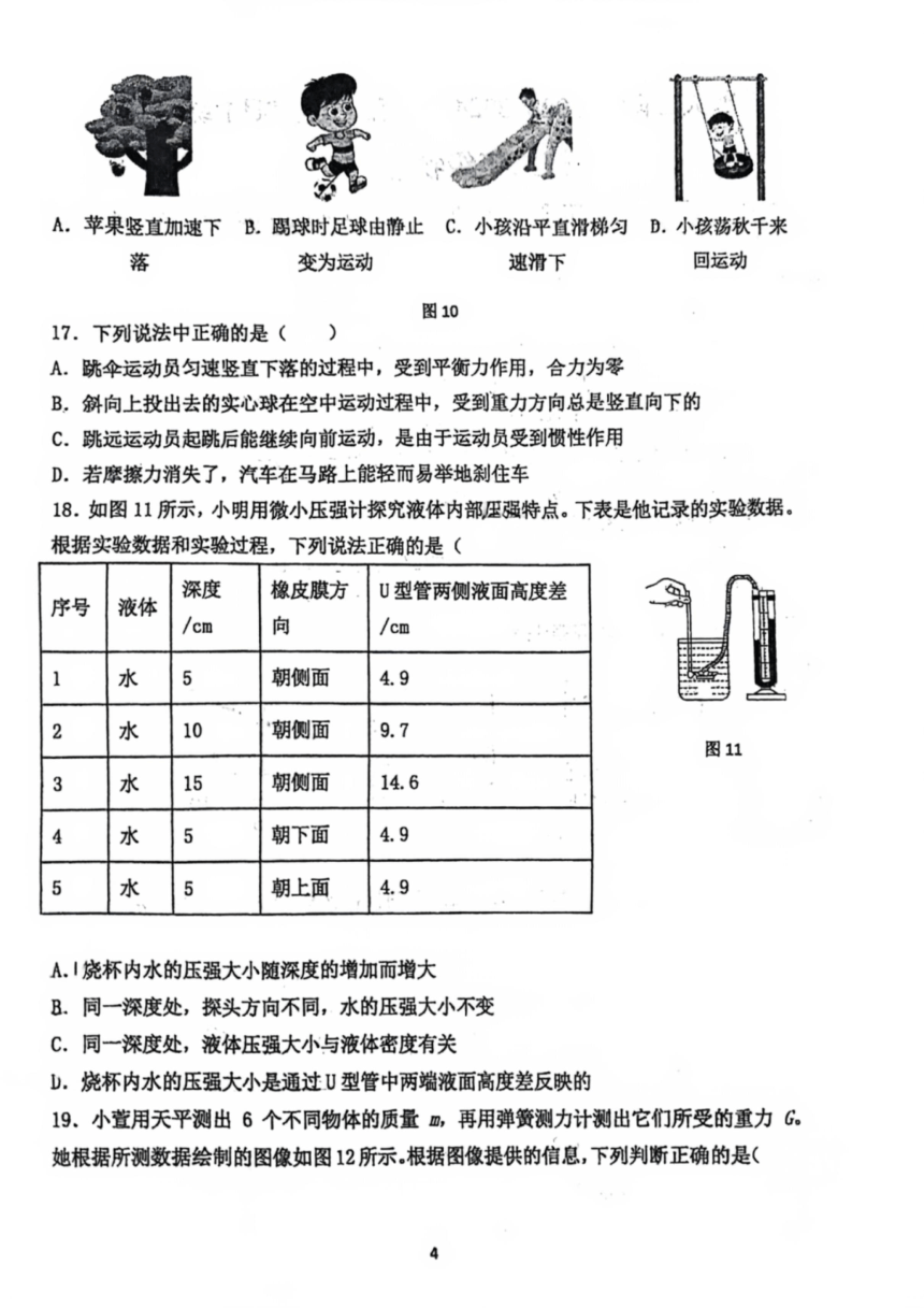 北京市首都师范大学第二附属中学2023-2024学年八年级下学期期中物理试题（PDF版 无答案）