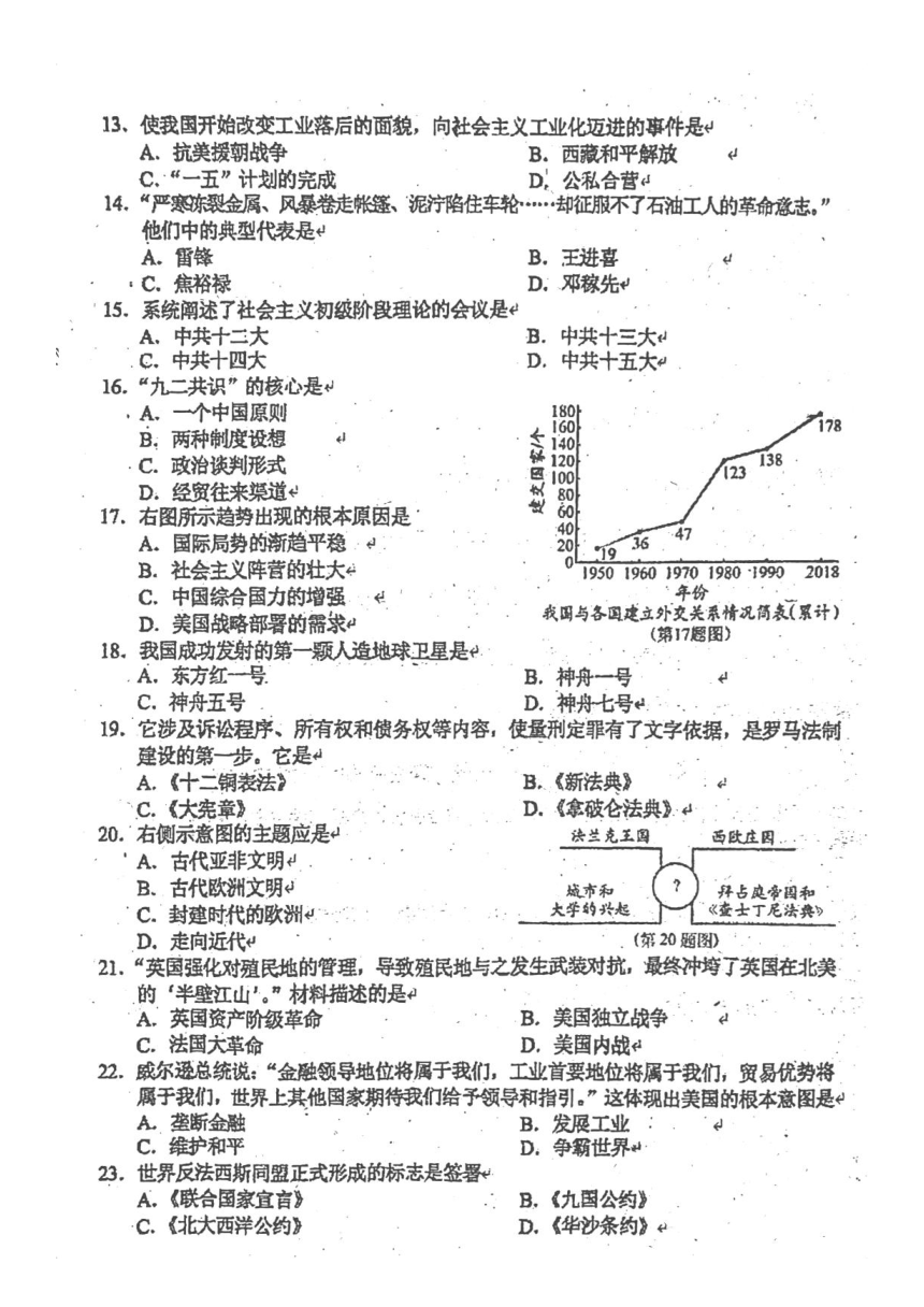 2022年吉林省长春市中考历史真题（图片版，无答案）