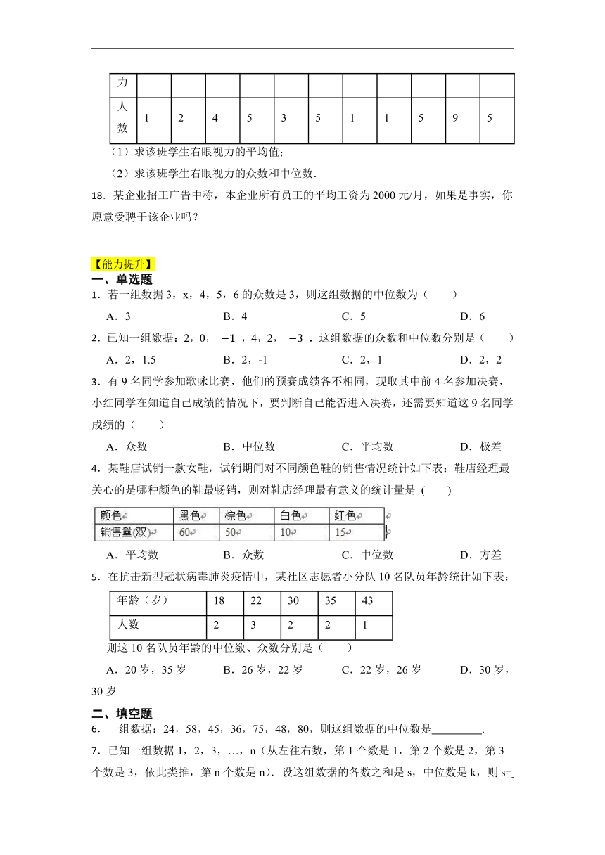 6.2 中位数与众数 同步复习小测（基础复习 能力提升）2022-2023学年北师大版数学八年级上册（Word版含答案）