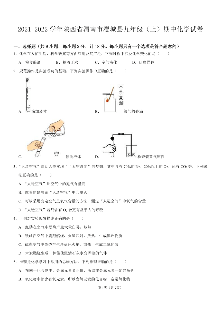 2021-2022学年陕西省渭南市澄城县九年级（上）期中化学试卷（word版有答案）