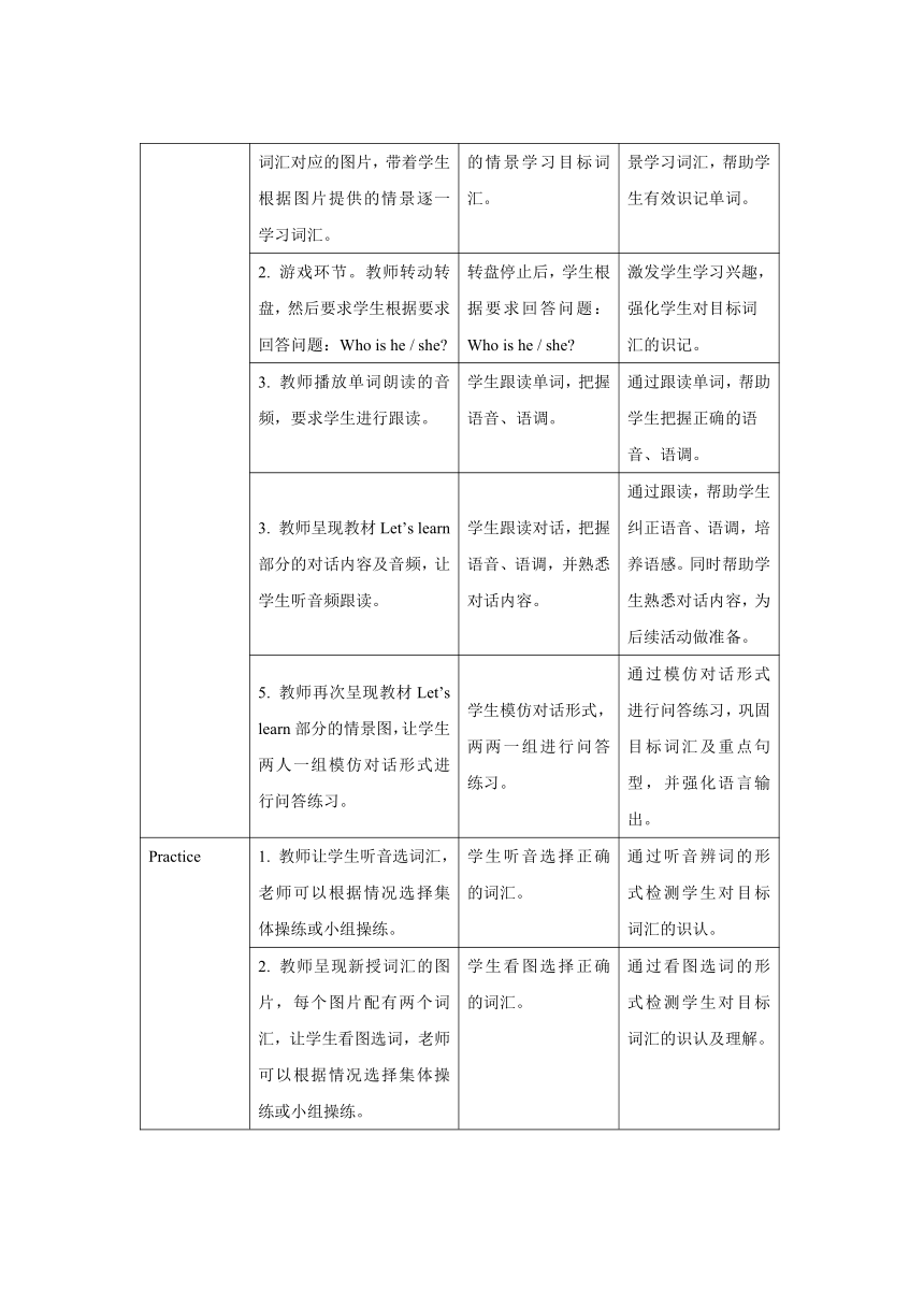 Unit 3 My friends  Part A  Let’s learn表格式教案