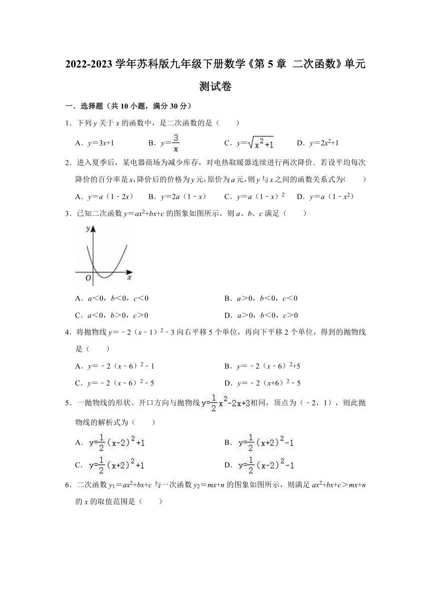 2022-2023学年苏科版九年级下册数学《第5章 二次函数》单元测试卷（含解析）