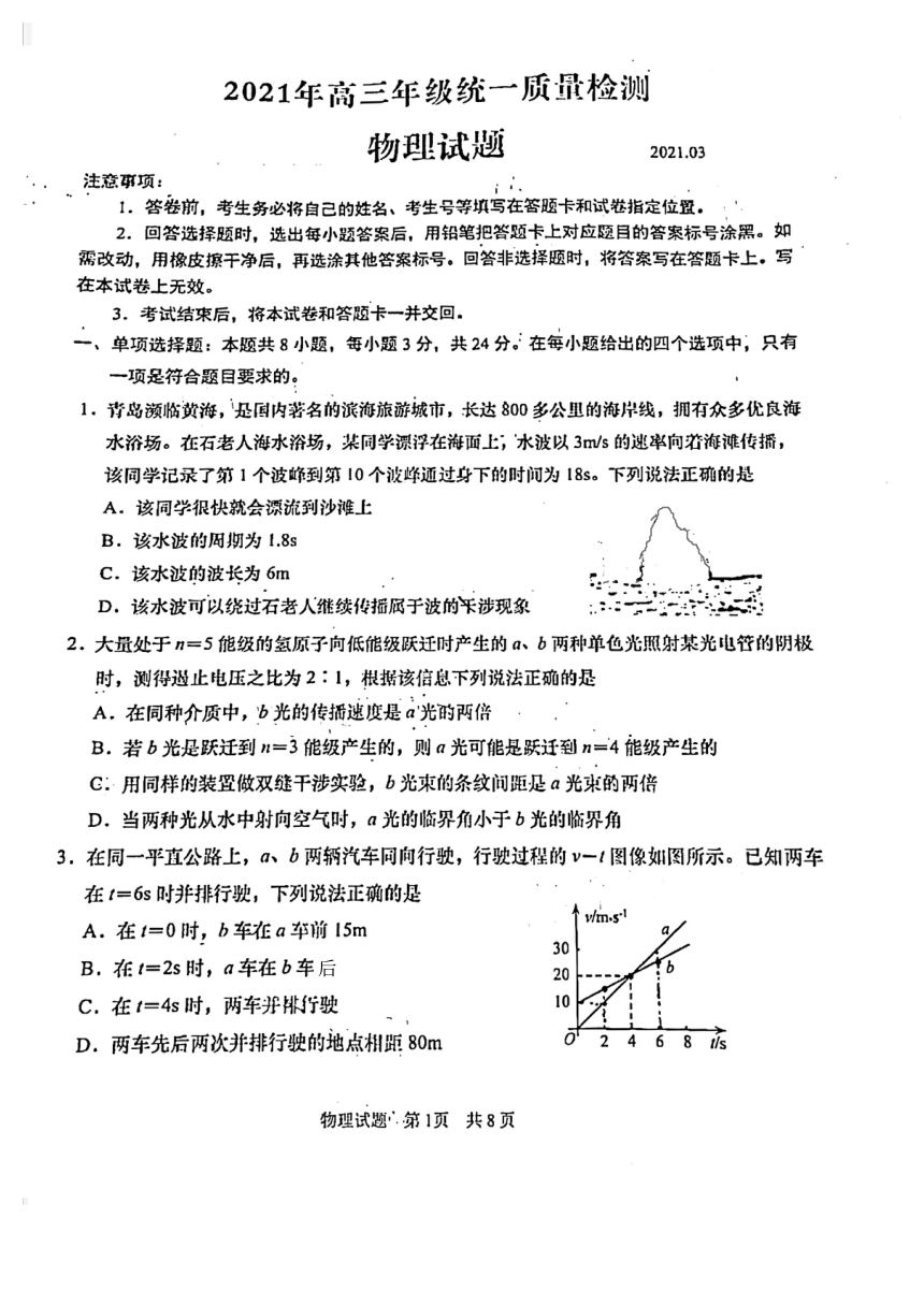 山东省青岛市2021届高三下学期3月统一质量检测物理试题 PDF版含答案