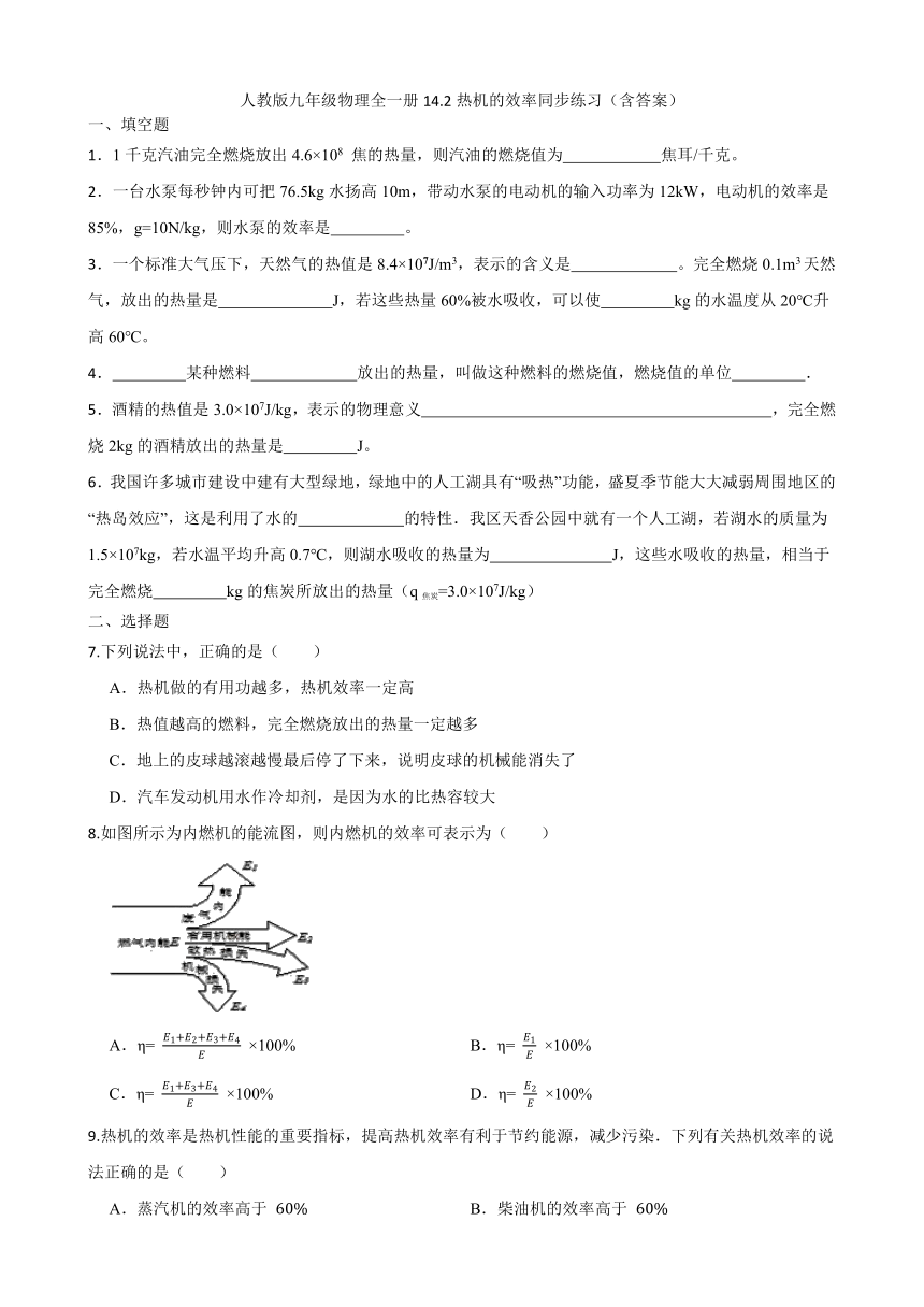 人教版九年级物理全一册14.2热机的效率 同步练习（含答案）