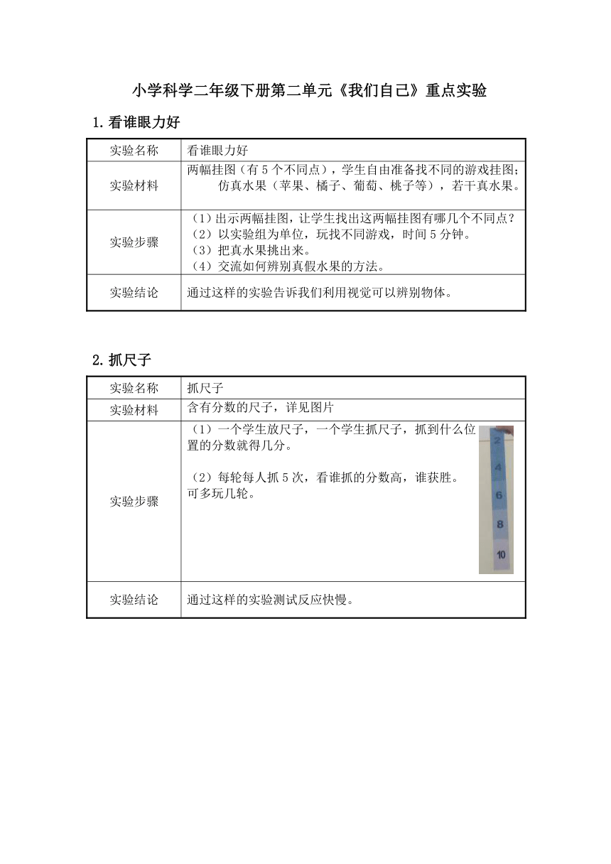 教科版（2017秋）科学 二年级下册 第二单元 我们自己 知识点总结（word版 含实验和练习）