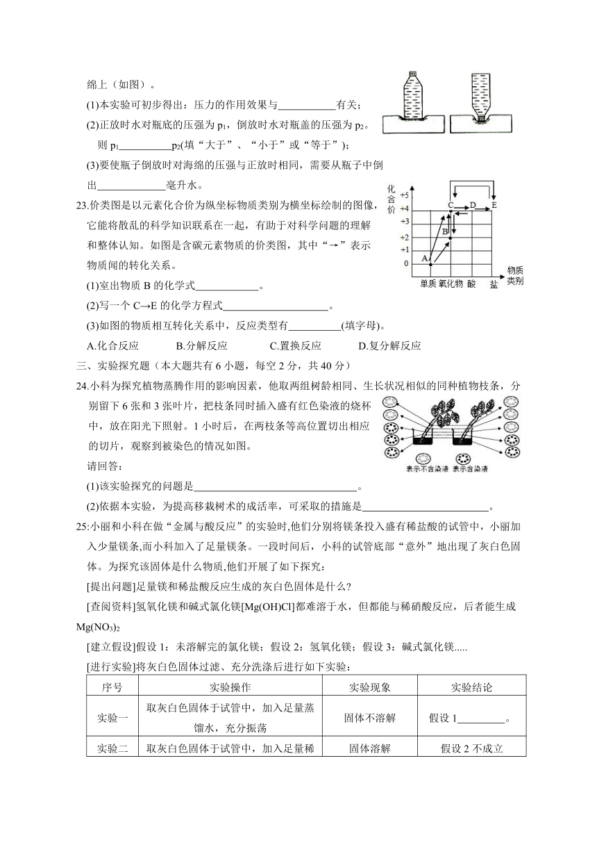 浙江省2022年初中学业水平考试（丽水市）科学试题卷（word版 含答案）