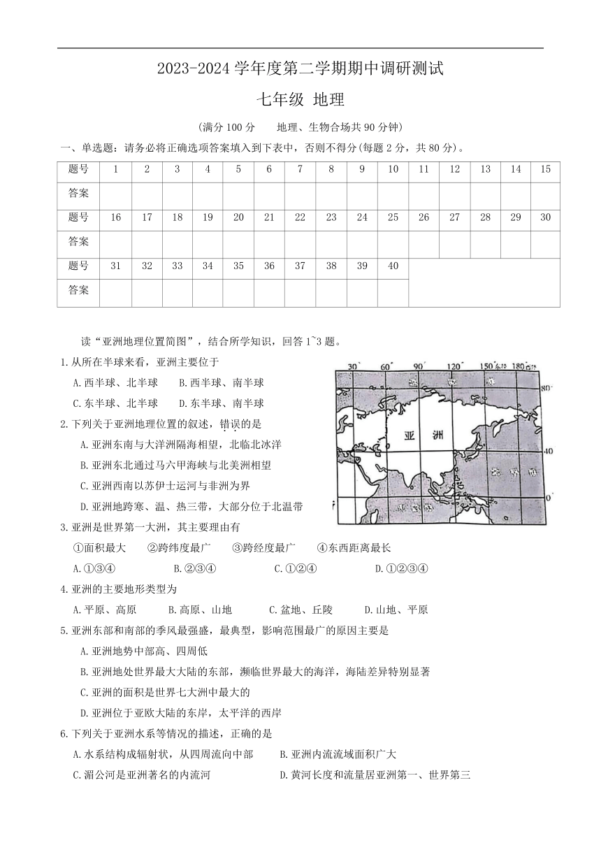 江苏省宿迁市宿城区2023-2024学年七年级下学期期中考试地理试卷（含答案）