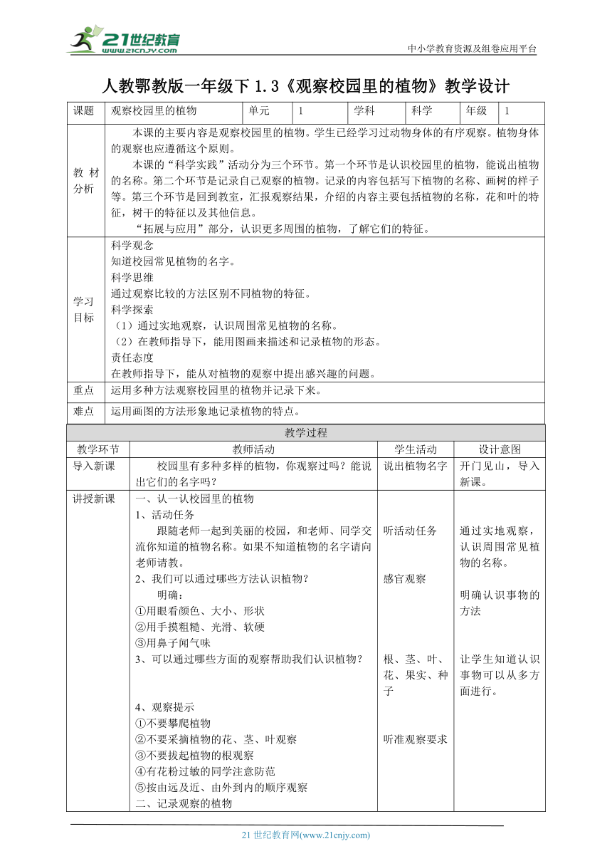 【核心素养目标】1.3《观察校园里的植物》教案