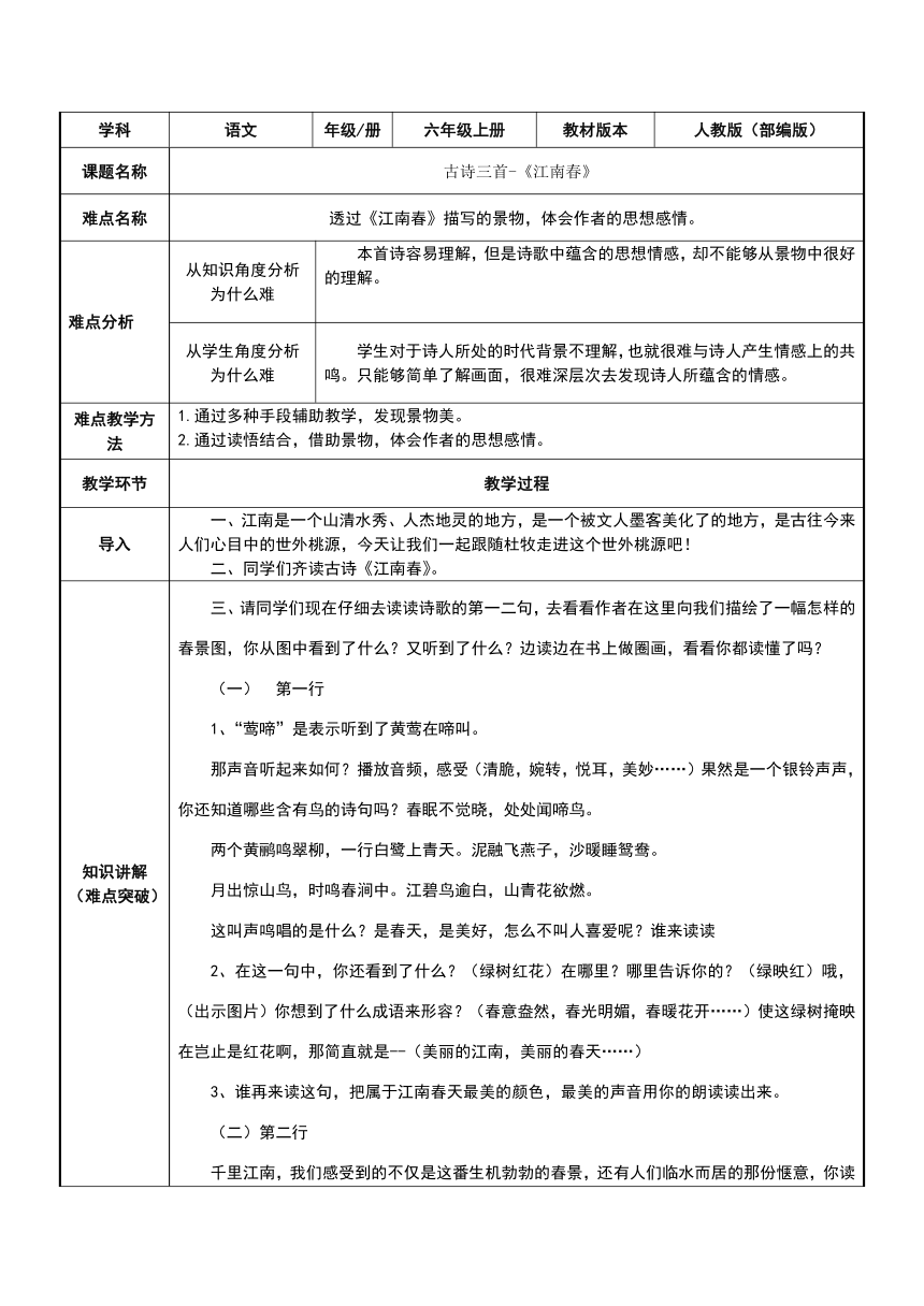 六年级上册语文18.古诗三首《江南春》 表格式教案