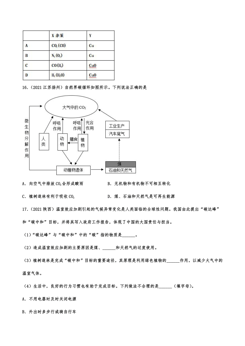 2021年中考化学真题分类训练——专题八：碳和碳的氧化物（含解析）