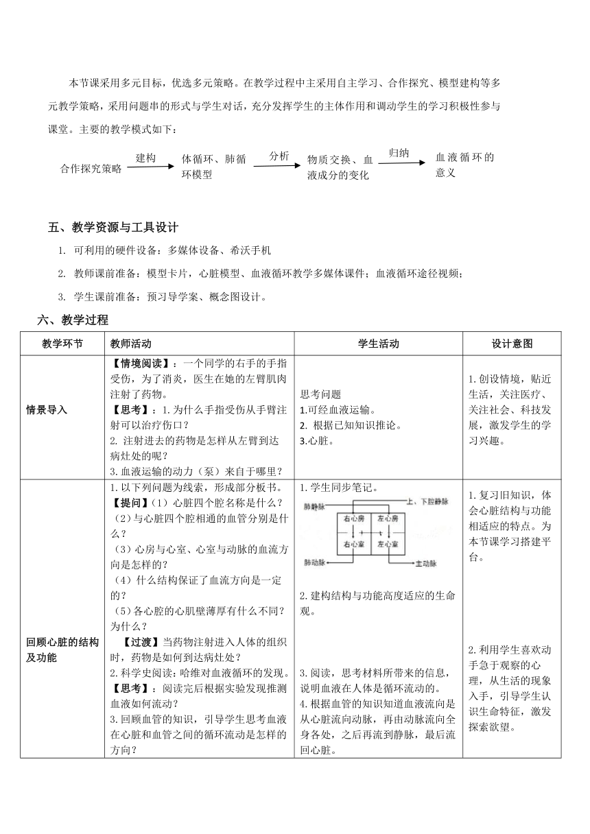 北京版生物七年级下册 5.2.1 血液循环 教学设计（表格式）