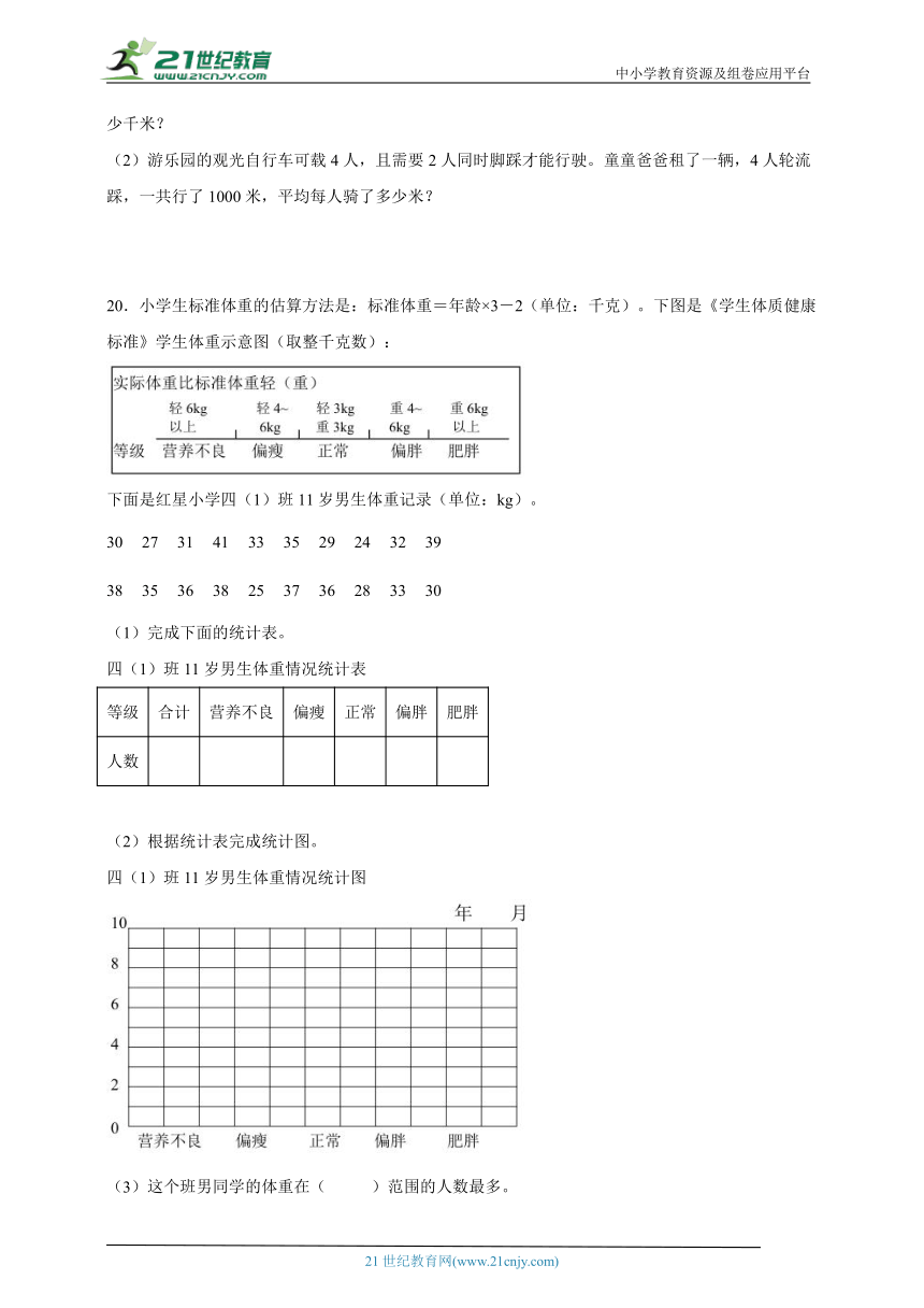 第四单元统计表和条形统计图（一）经典题型练习卷（单元测试）-小学数学四年级上册苏教版（含解析）