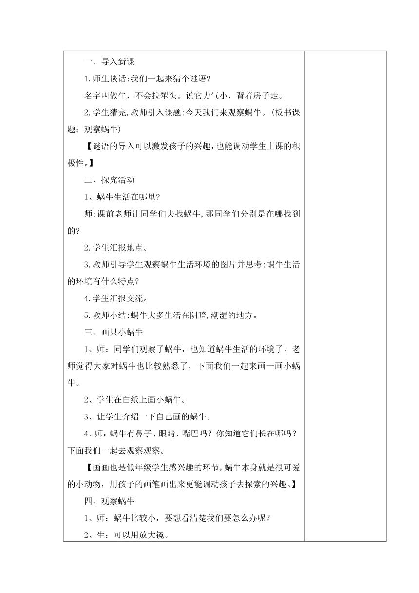 青岛版（五四制2017秋） 二年级上册1.4观察蜗牛 教案（表格式）