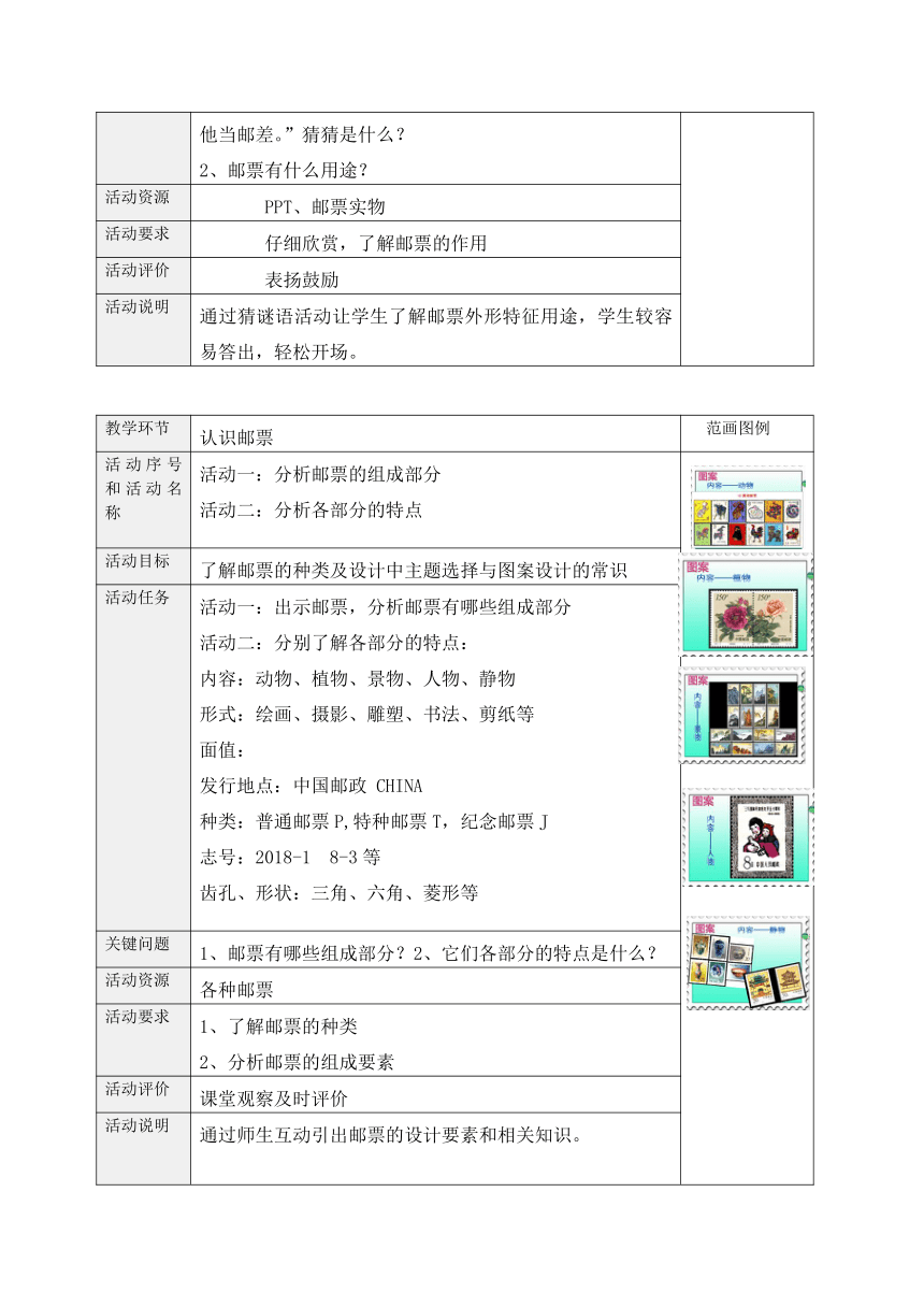 沪教版 四年级下册美术 第9课 小邮票大世界 教案（表格式）