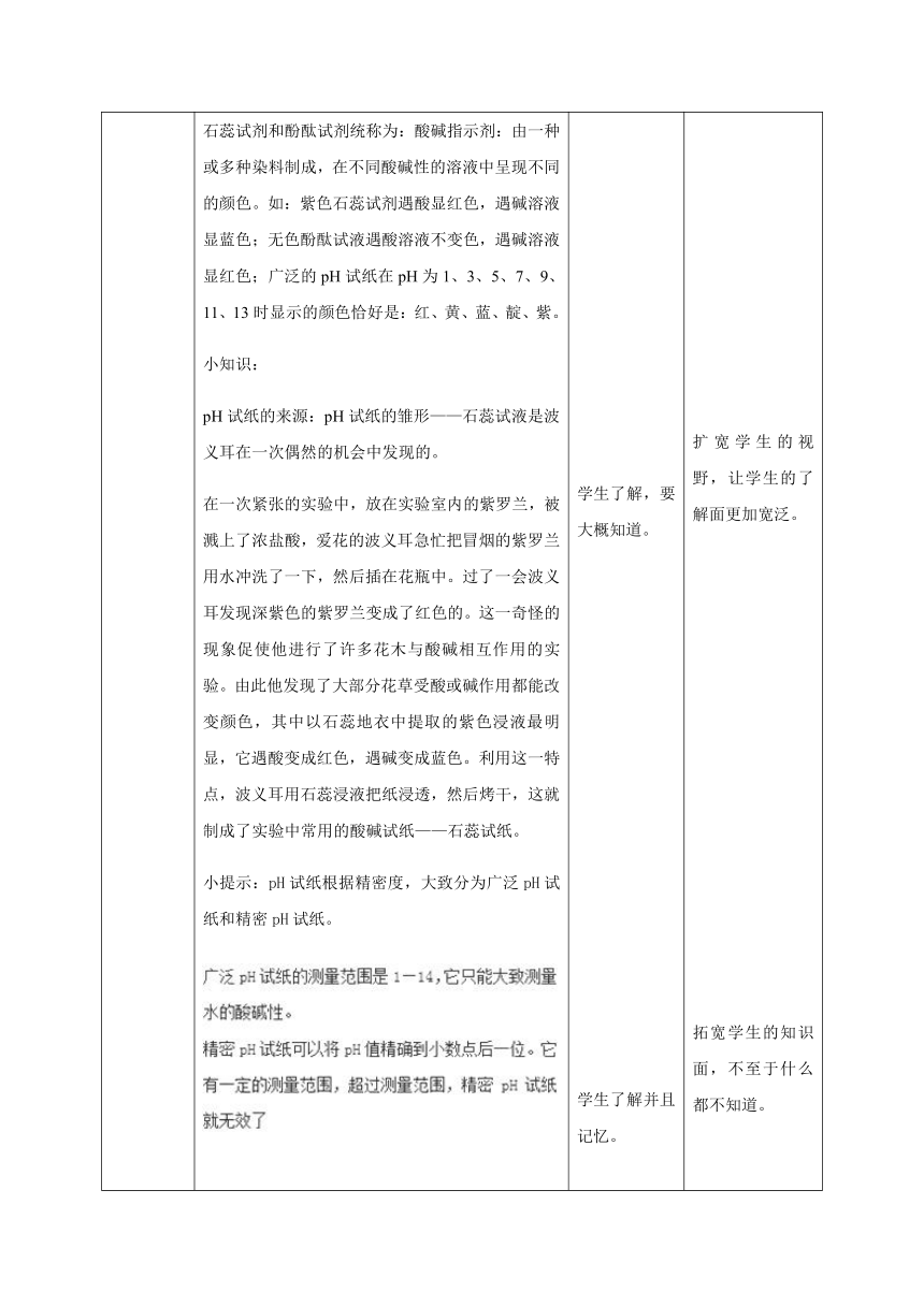 人教版（五四学制）化学九年级全册 第三单元  课题1   常见的酸和碱  教案(表格式)