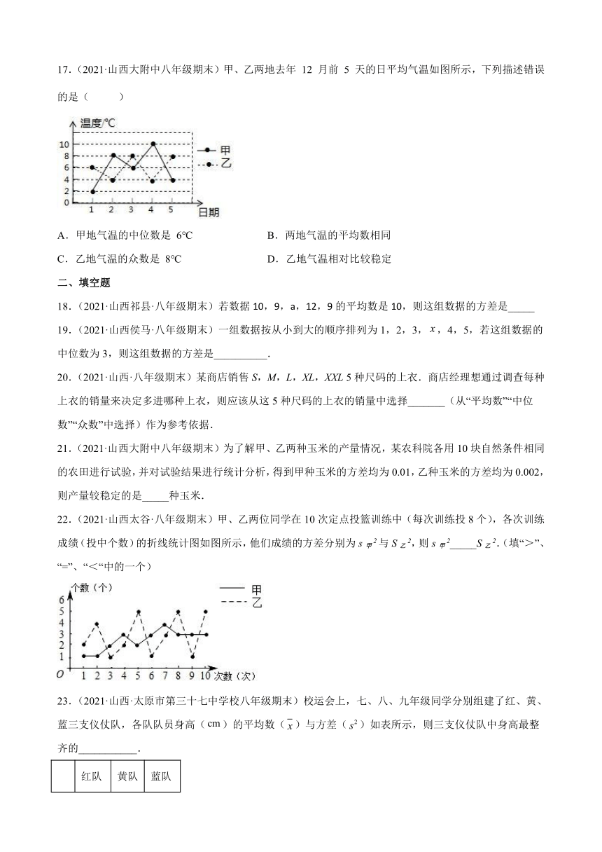 第20章数据的分析练习题2020－2021年山西省部分地区人教版数学八年级下学期期末试题选编（Word版含解析）