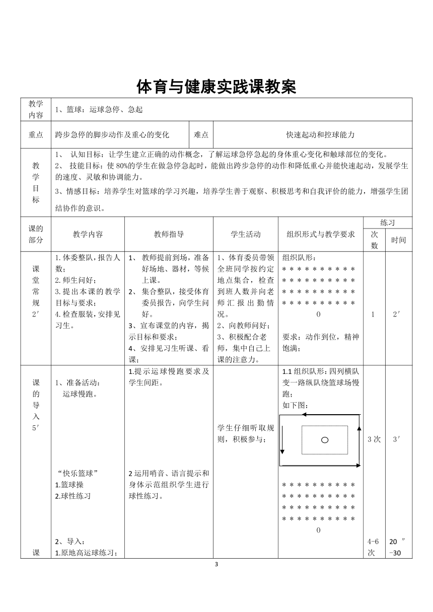 人教版八年级体育 4.1篮球 运球急停急起 教案