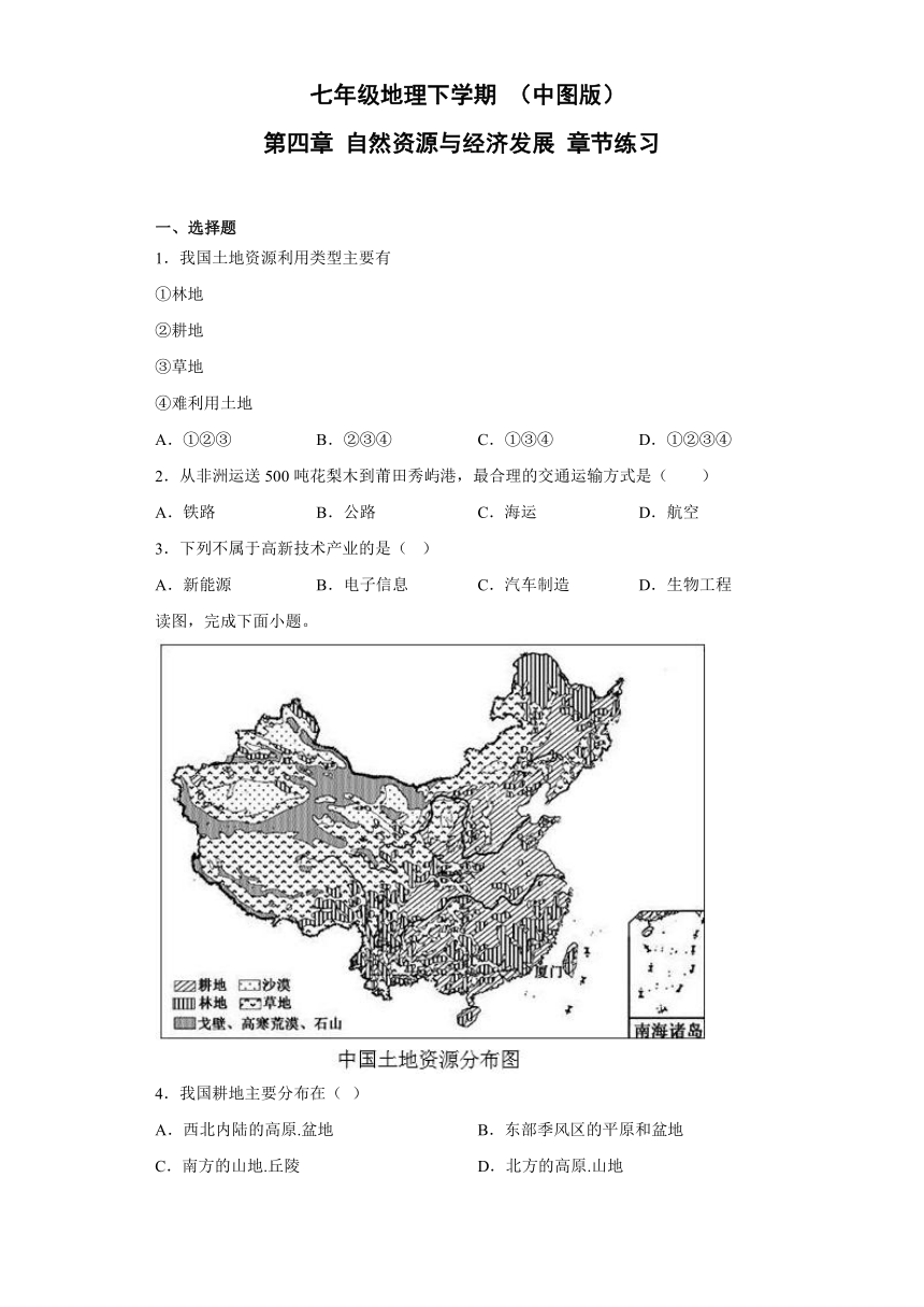 2022-2023学年七年级地理下学期中图版第四章 自然资源与经济发展  章节练习题（含解析）