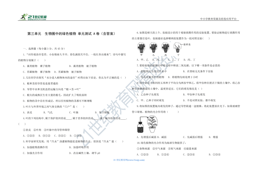 人教版七年级生物 上册 第三单元 生物圈中的绿色植物 单元测试 C卷（含解析）