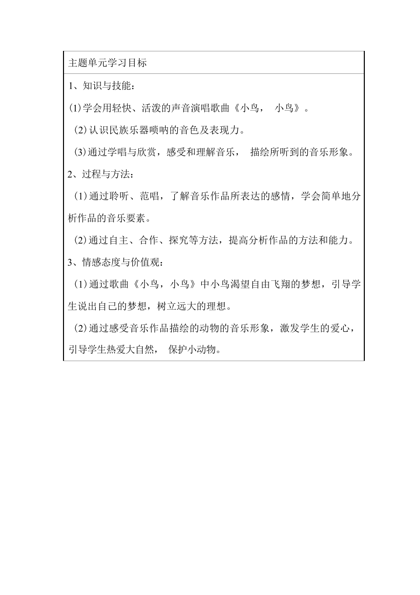 人教版音乐七年级下册第二单元《飞翔的翅膀》单元教学设计（第1课时，表格式）