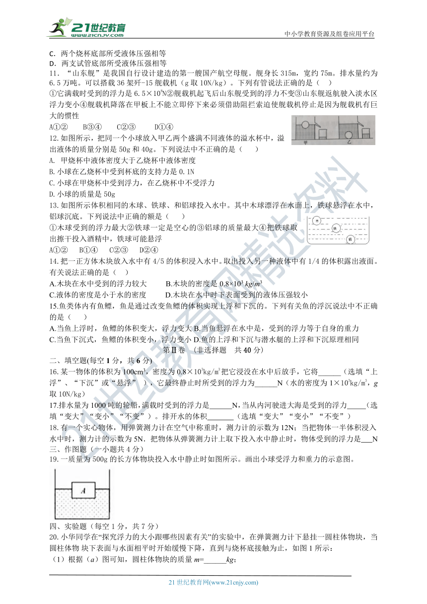 鲁教版（五四学制）初中八年级物理浮力单元测试（含答案）