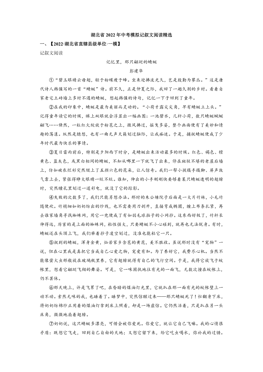 2022年湖北省中考模拟记叙文阅读精选（含答案）