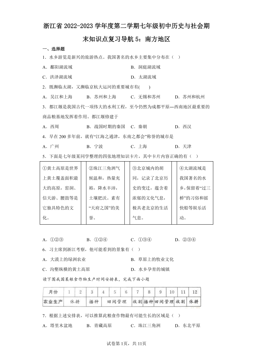 浙江省2022-2023学年度第二学期七年级初中历史与社会期末知识点复习导航5：南方地区（含解析）