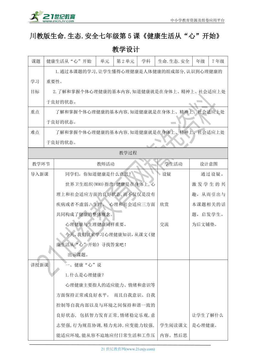 川教版七年级《生命.生态.安全》上册第5课《健康生活从“心”开始》 教案