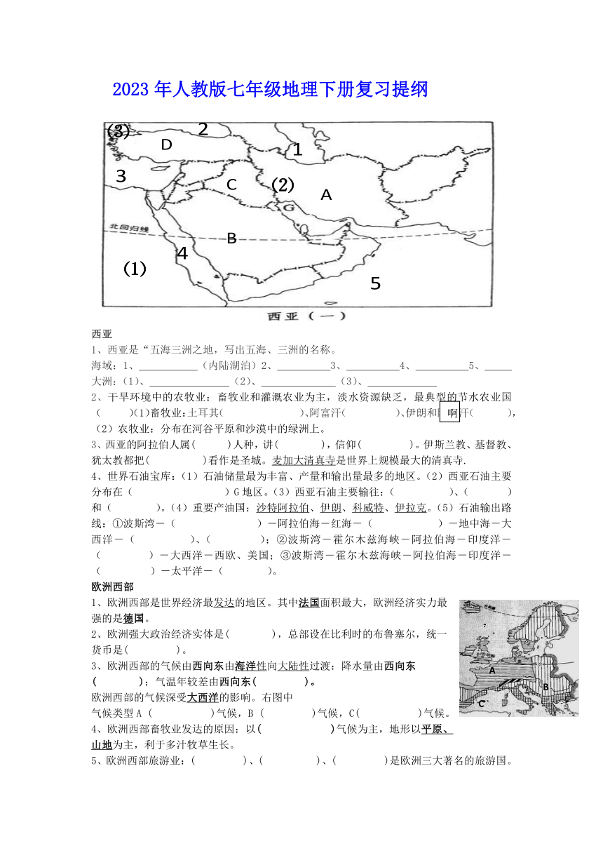 2023年人教版七年级地理下册复习提纲