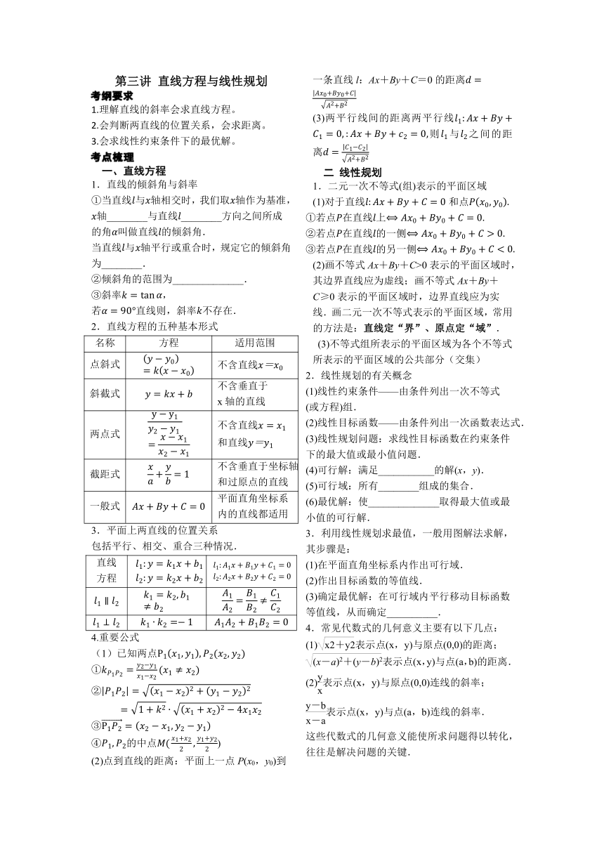 艺术生百分冲刺第三讲 直线方程与线性规划