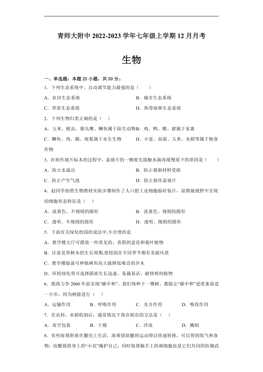 青海省西宁市城西区青师大附中2022-2023学年七年级上学期12月月考生物学试题（含答案）