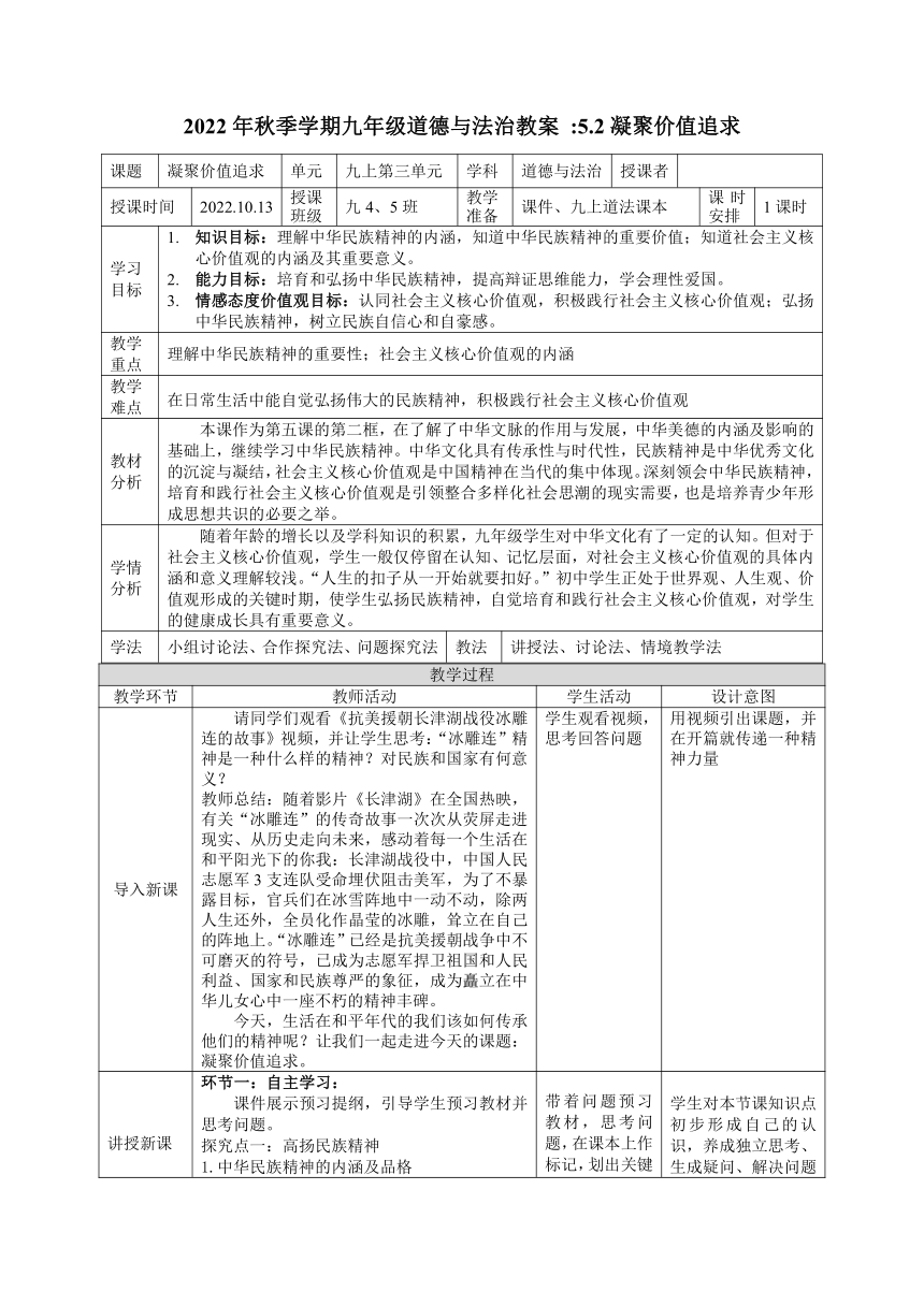 5.2 凝聚价值追求 教案 （表格式）