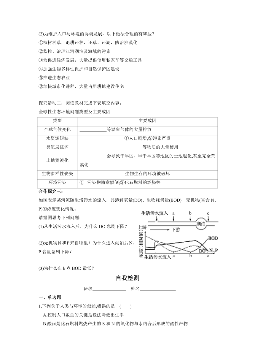 苏教版（2019）高中生物选择性必修二 4.1 人口增长和人类活动影响环境 学案（含答案）