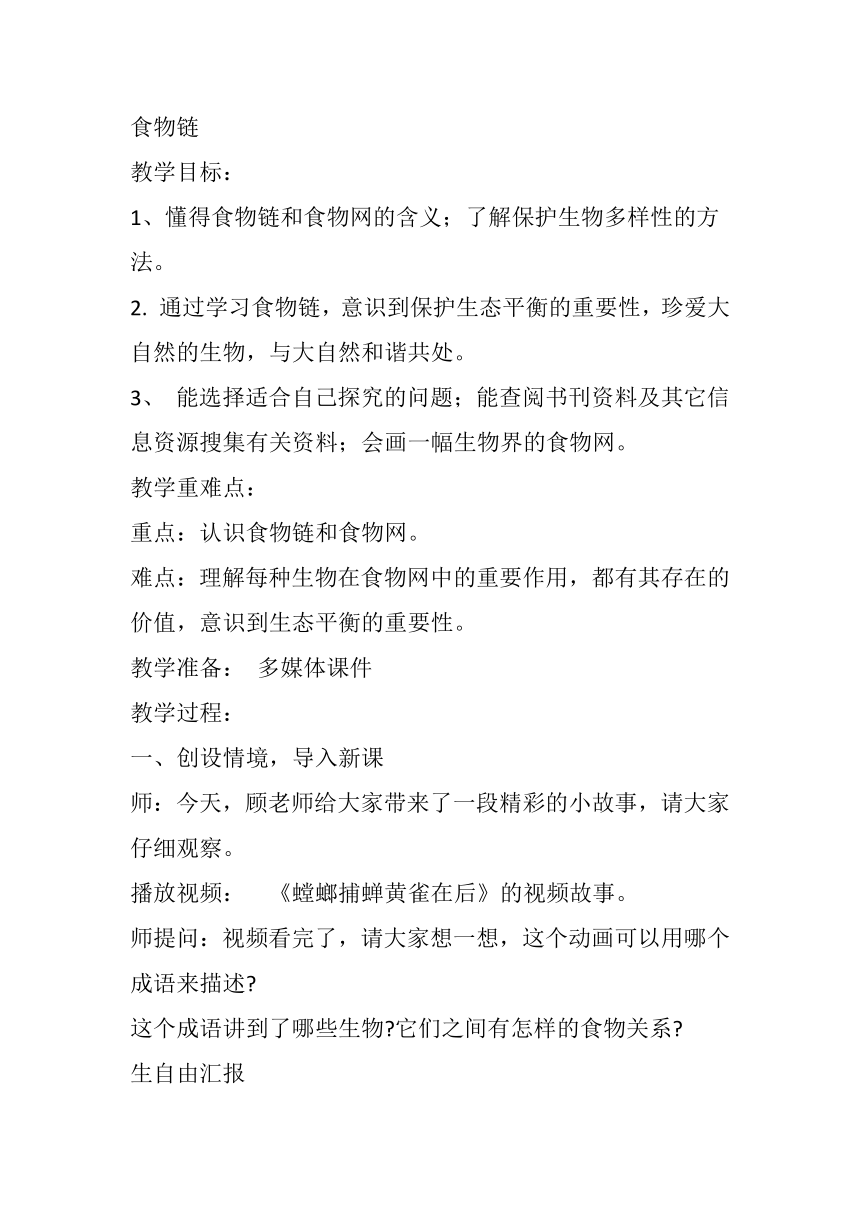 青岛版（六三制2017秋） 五年级下册20.食物链  教案