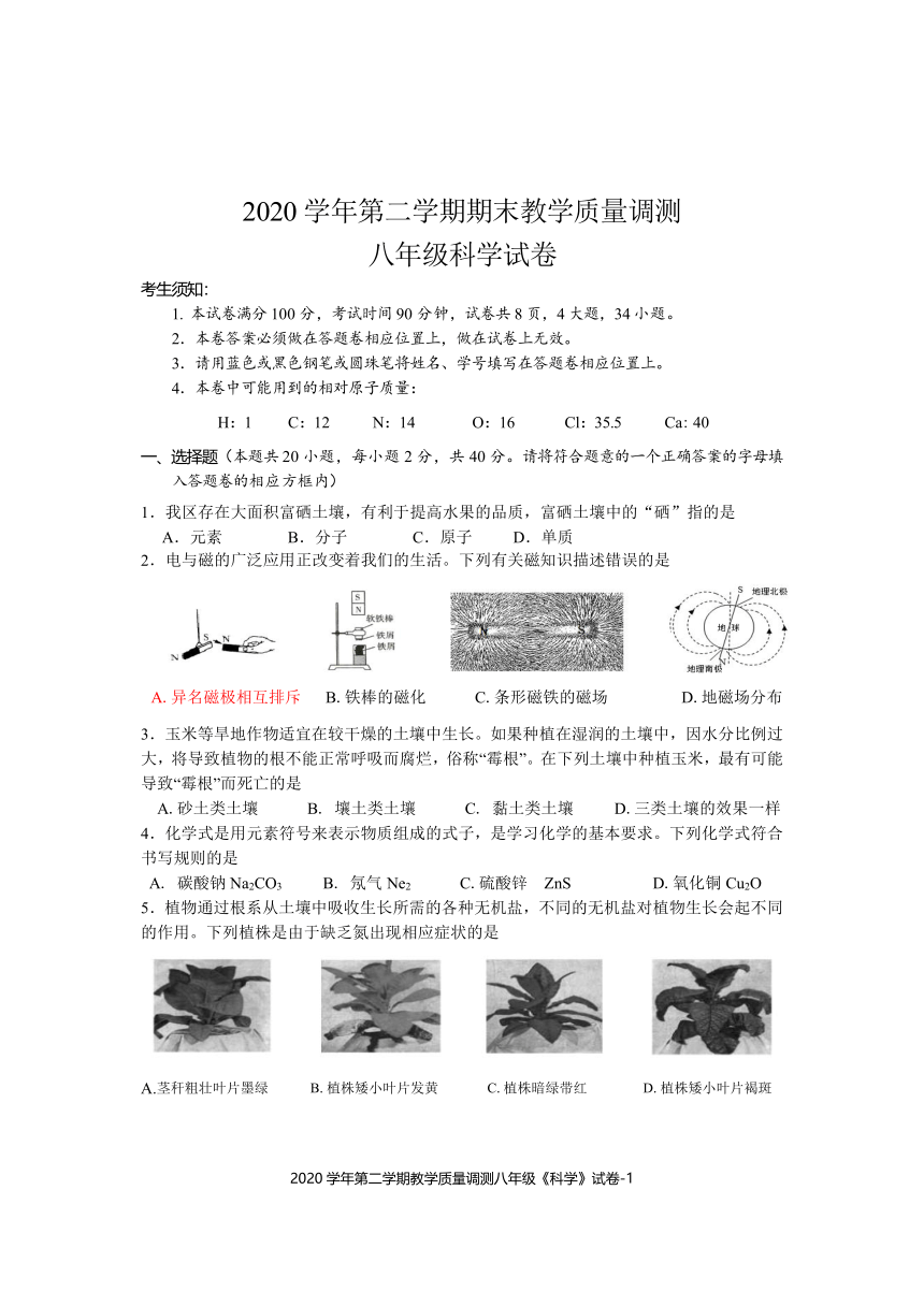 浙江省绍兴市上虞区2020-2021学年八年级下学期期末考试科学试题（word版，含答案）