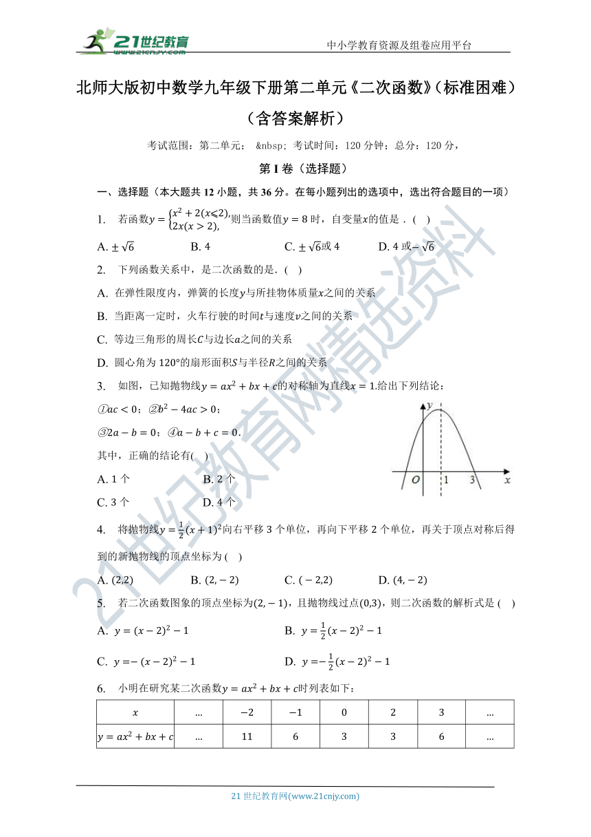 第二单元《二次函数》（标准困难）单元测试卷（含解析）