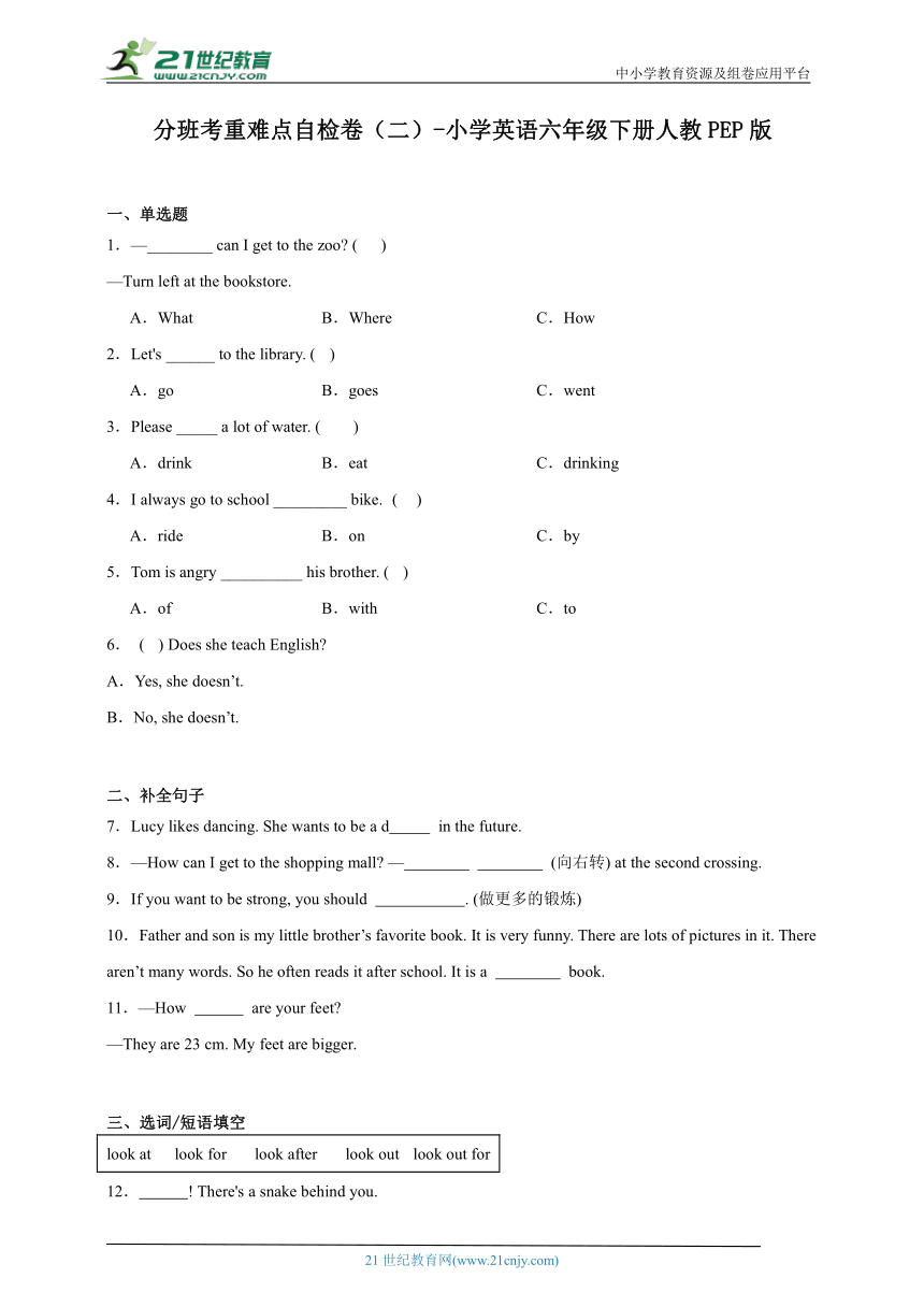 分班考重难点自检卷（二）-小学英语六年级下册人教PEP版（含答案）