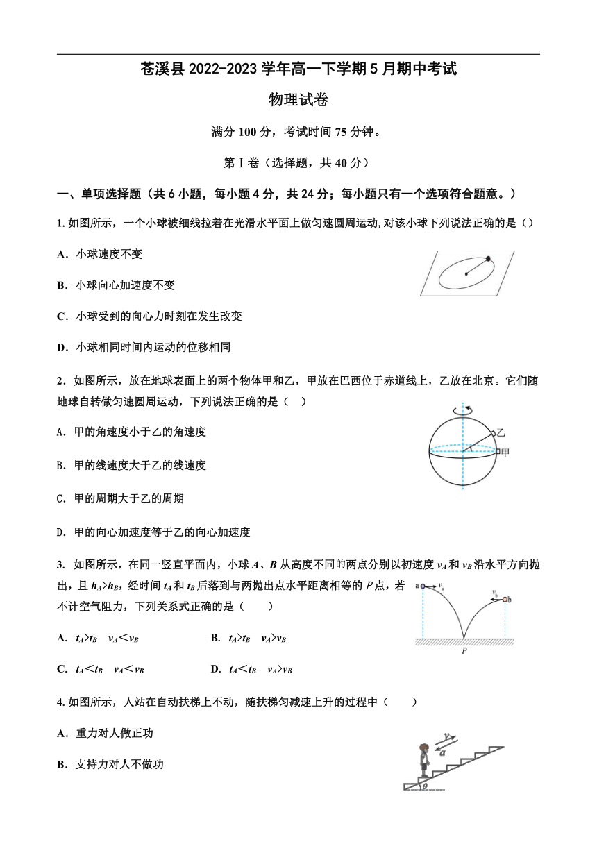 四川省广元市苍溪县2022-2023学年高一下学期5月期中考试物理试题（含答案）