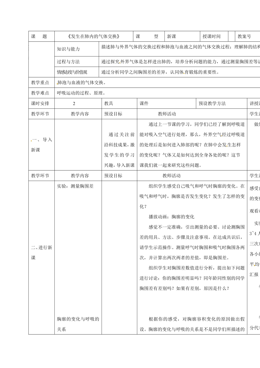 七年级生物下册：4.3.2发生在肺内的气体交换教案