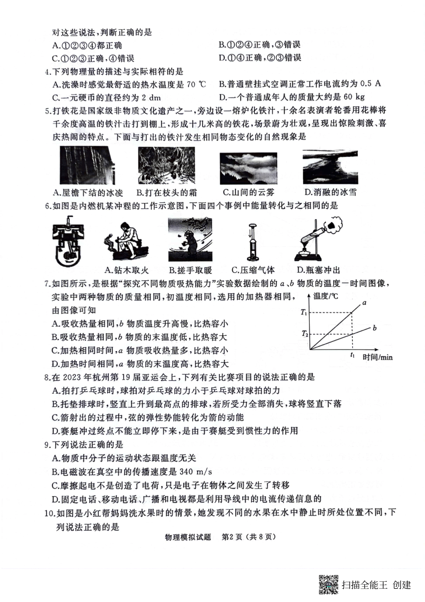 2024年山东省枣庄市初中学业水平考试物理模拟试卷（PDF版 无答案）