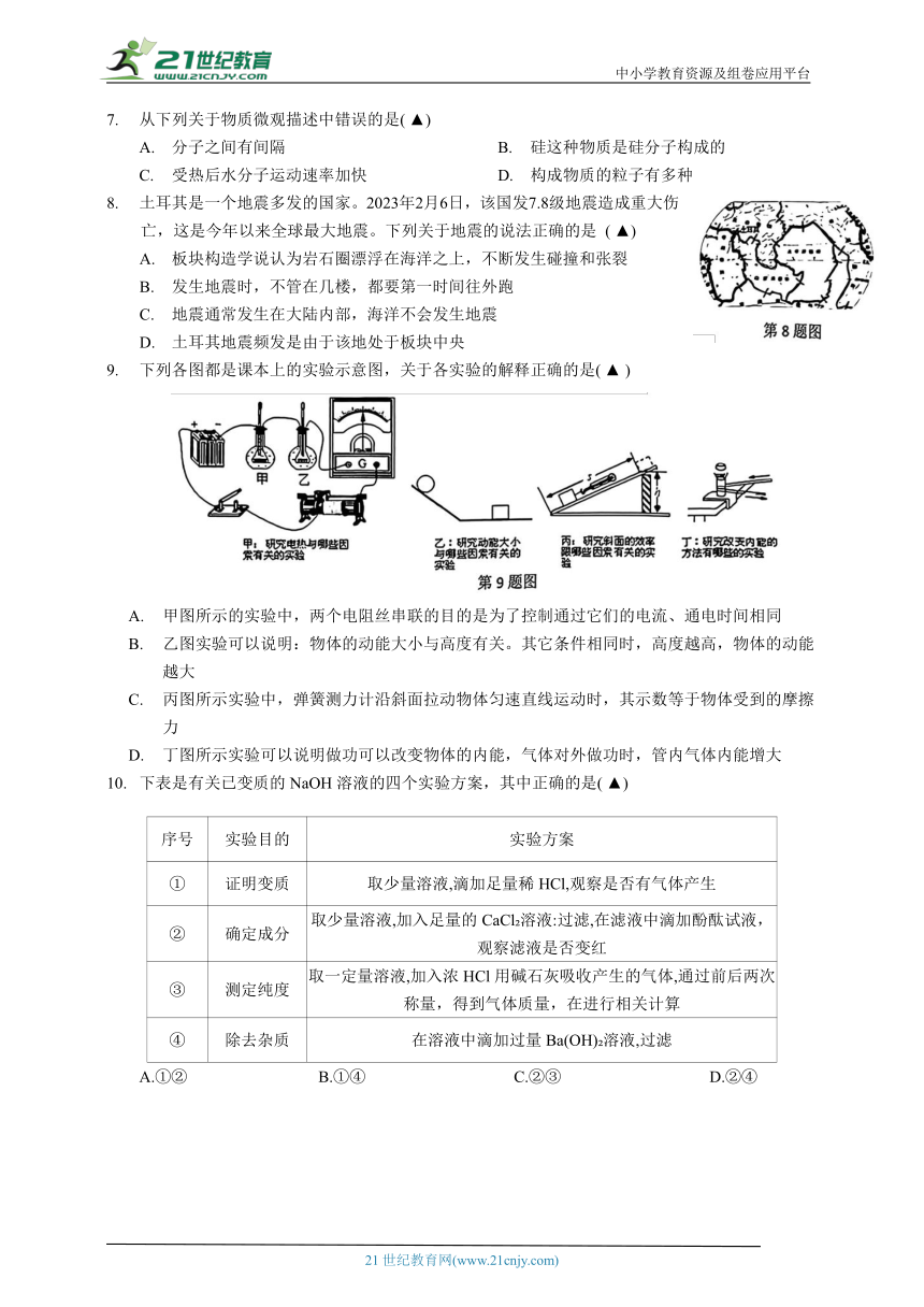 浙江省温州市新希望学校2023年初中毕业生学业考试第三次适应性测试科学试卷（无答案）