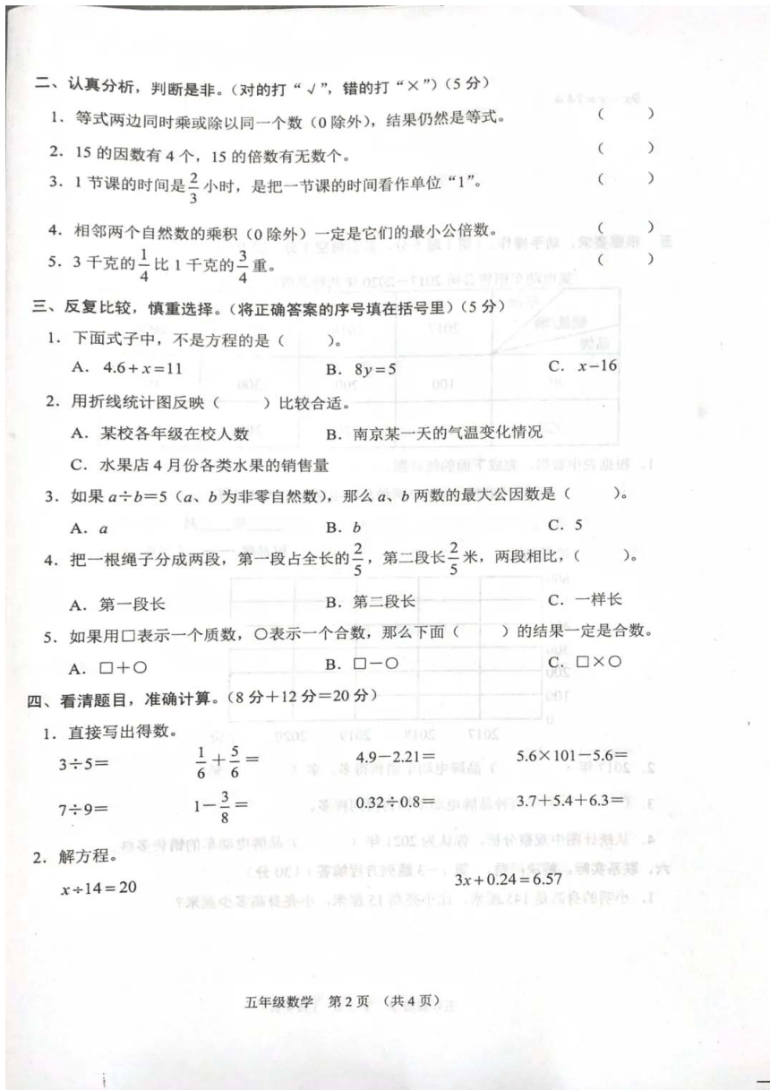 江苏省宿迁市沭阳县2020-2021五年级下学期期中数学试卷（无答案）