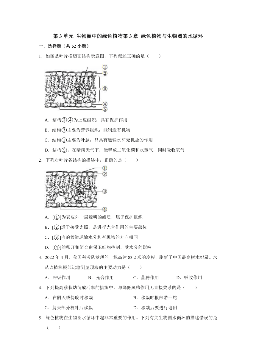 第3单元 生物圈中的绿色植物第3章 绿色植物与生物圈的水循环（含解析）