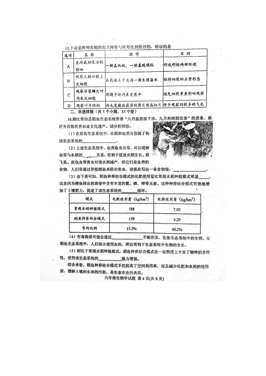 山东省肥城市（五四学制）2021-2022学年六年级上学期期末考试生物试题（扫描版无答案）