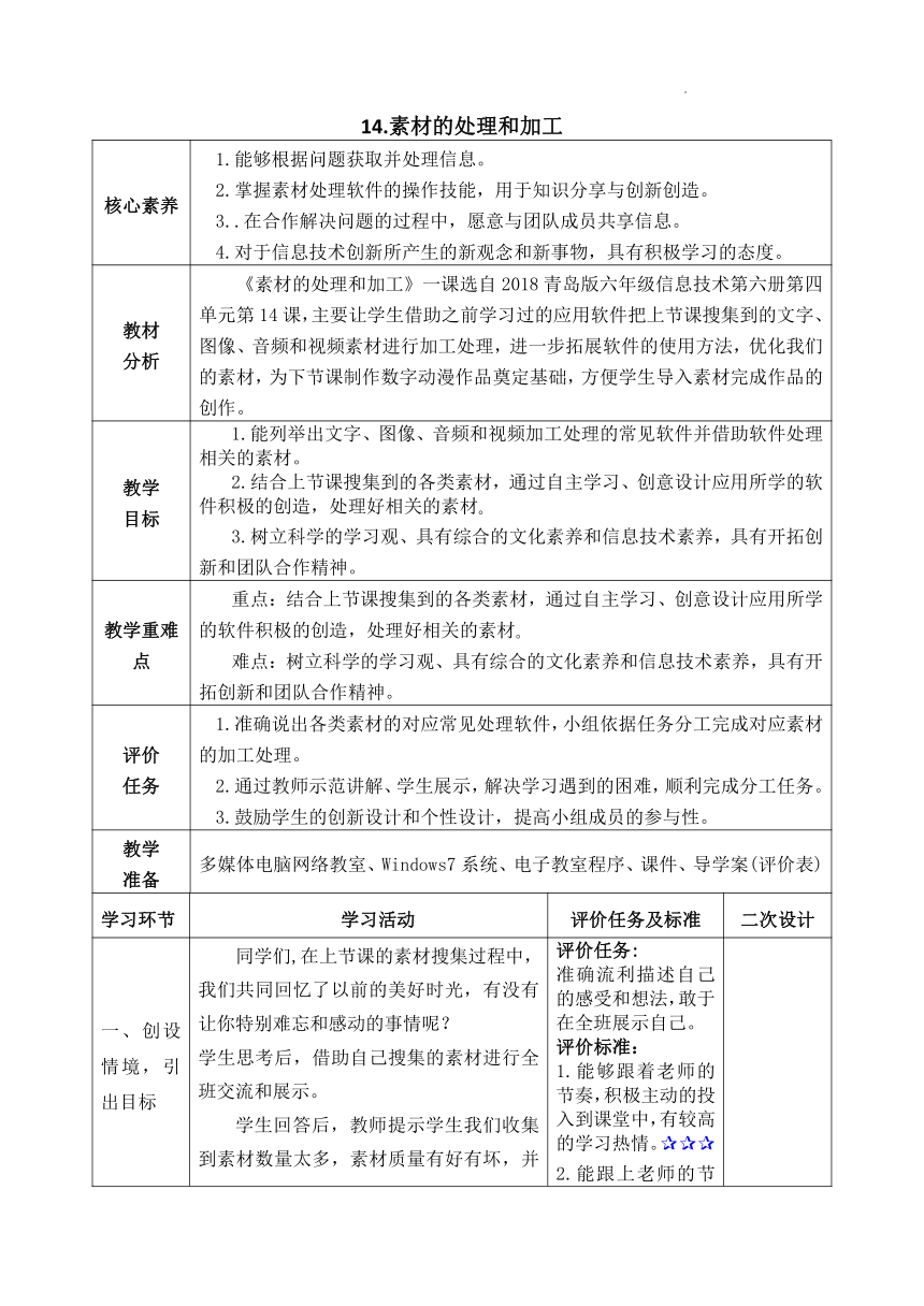 六年级下学期信息技术第14课素材的处理和加工（教案）  青岛版