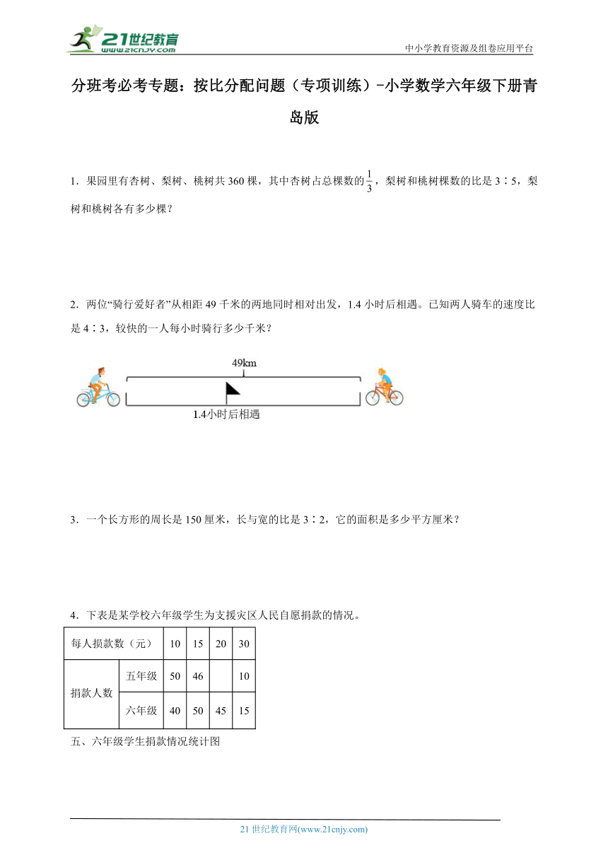 分班考必考专题：按比分配问题（专项训练）小学数学六年级下册青岛版（含答案）