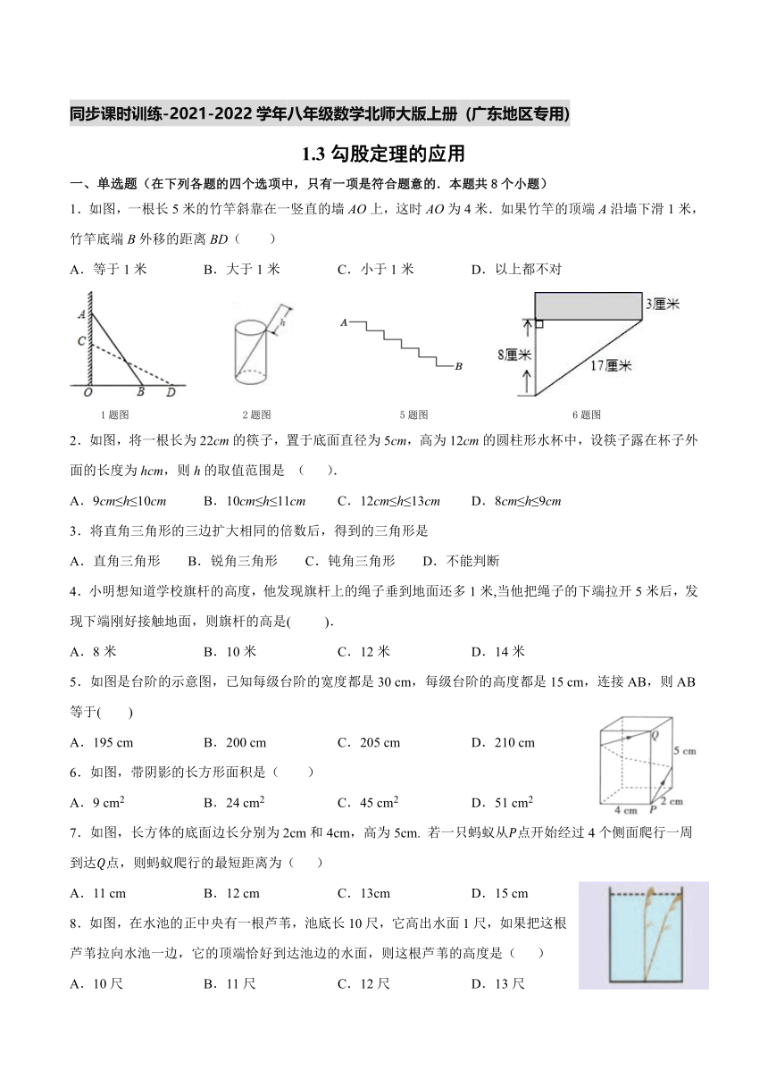 2021-2022学年北师大版八年级数学上册1.3勾股定理的应用 同步课时训练（word含答案解析）