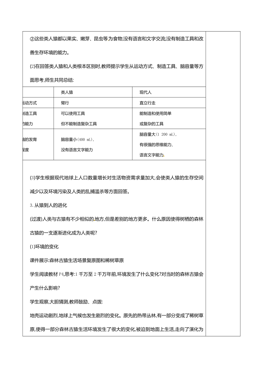 人教版七年级下册生物4.1.1 人类的起源和发展教案